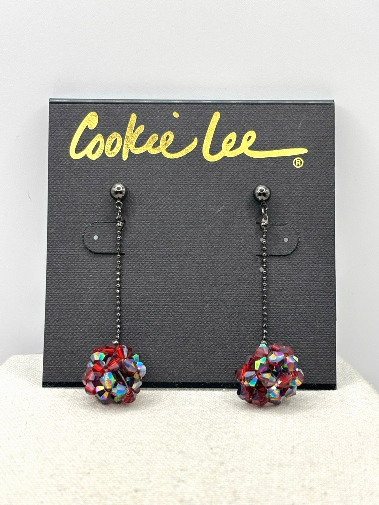 Cookie Lee Red Aurora Borealis Glass Bead Ball Drop Gunmetal Tone Earrings NWT