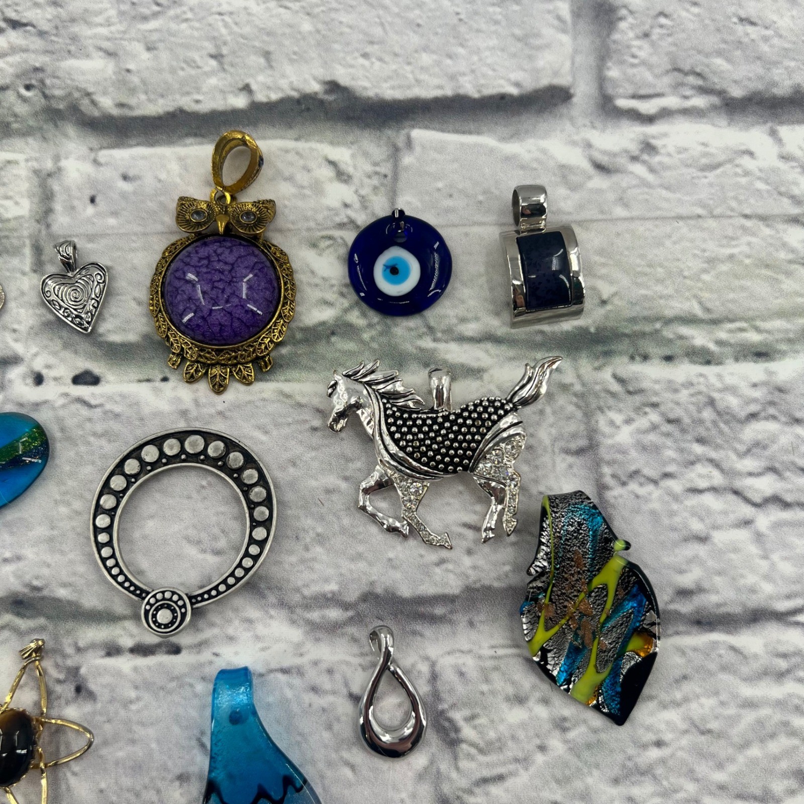 Assorted 24pc Necklace Pendant Lot Glass Crystal Turquoise Owl Evil Eye Horse
