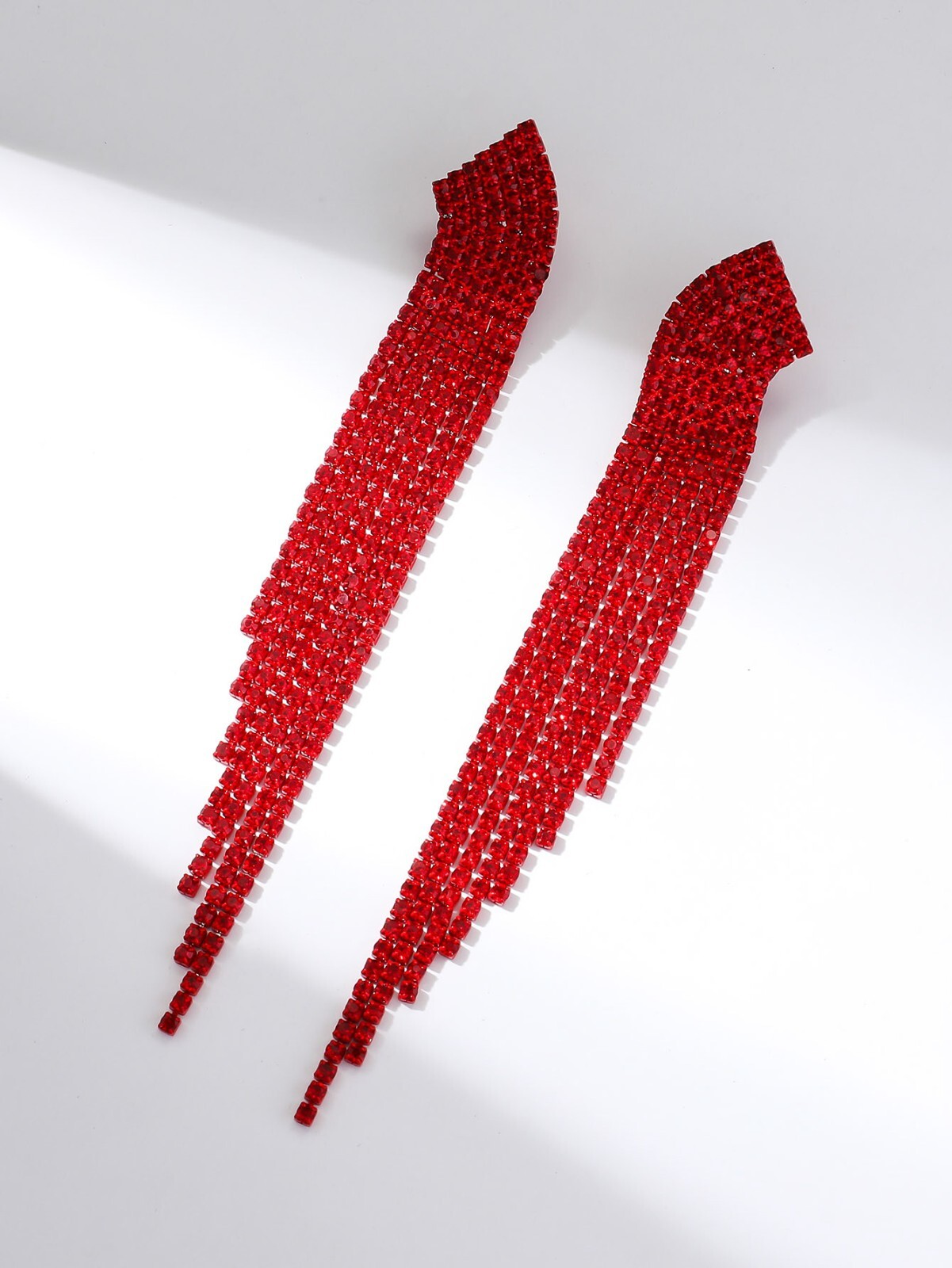 Long Red Dangle Drop Rhinestone Earrings Prom Wedding Pageant Holiday Party