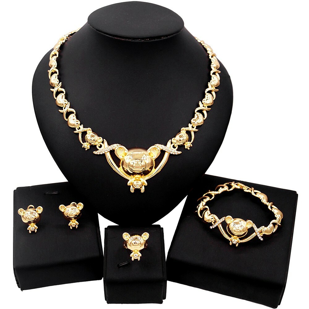 HUGS & KISSES teddy bear Set Necklace bracelet Earrings Ring real gold fille