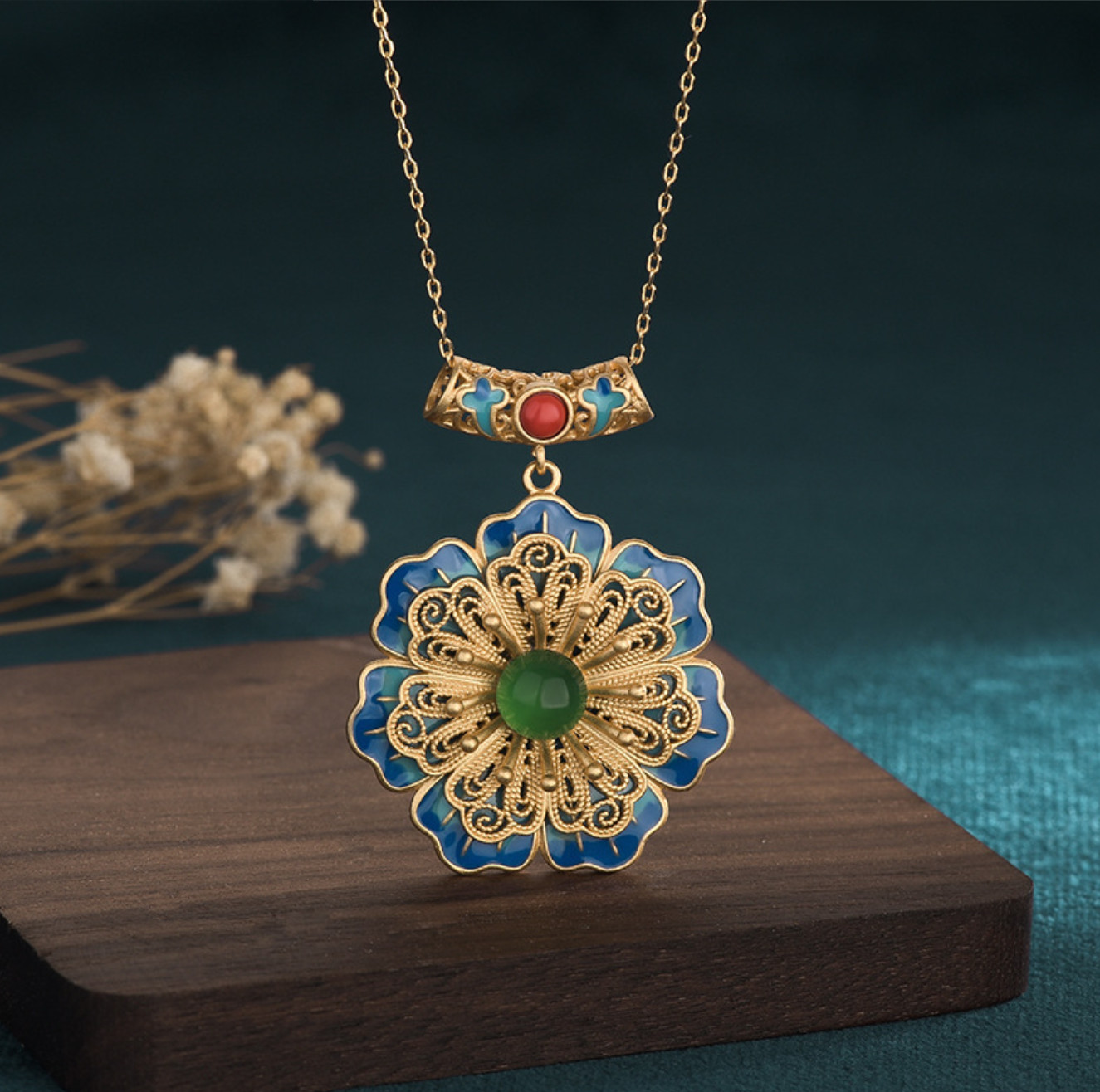 Jade Crystal Pendant Necklace Charm 18K Gold Plated Flower Retro Dainty Gemstone