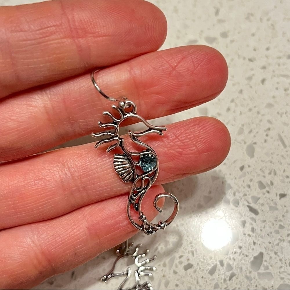 Vintage Boho Style Retro Oxidized Silver Sea Horse Pendant Earrings