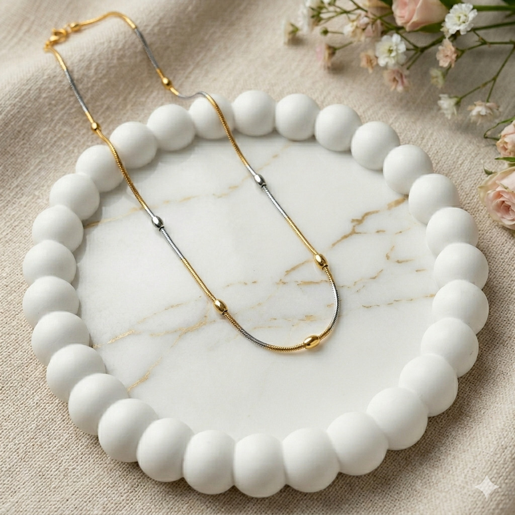 18kt Two Tone Yellow and White Gold Plated Ball Beads Chain Necklace 18 inch
