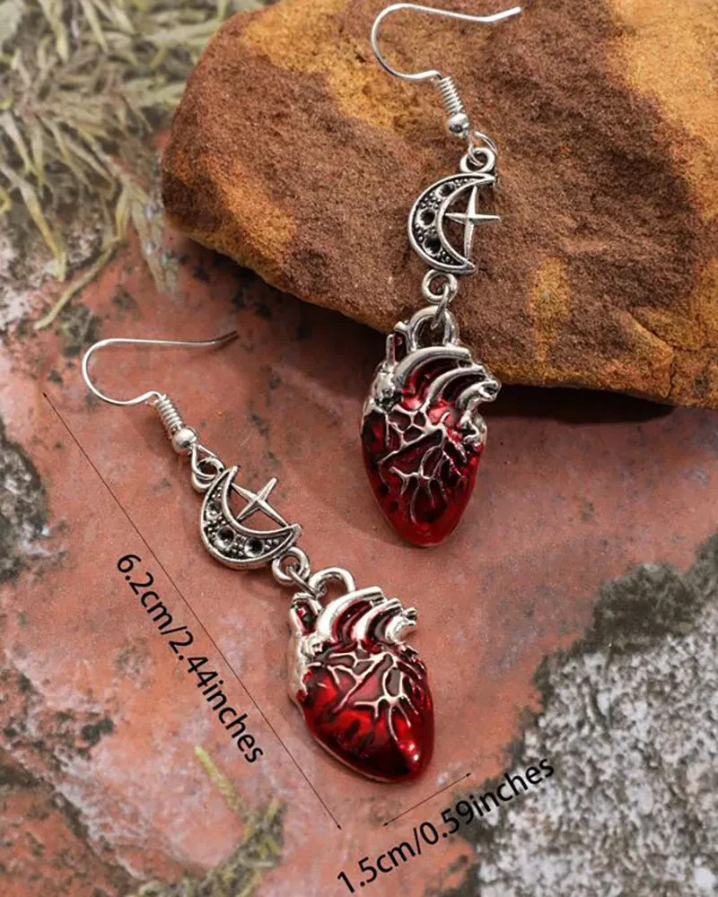 Gothic Anatomical Heart Moon Earrings Vampire Grunge Punk Witchy Drop Jewelry