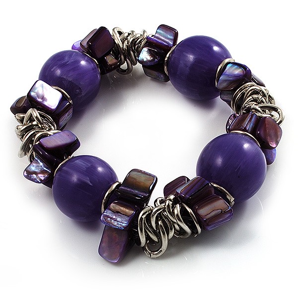 Purple Acrylic Bead, Shell & Metal Link Stretch Bracelet