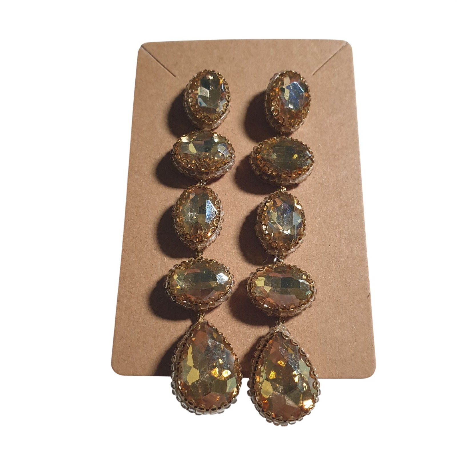 Gold Crystal Five Drop Dangle Earrings 3.5 In Jewelry Elegant Drag Theater Gift