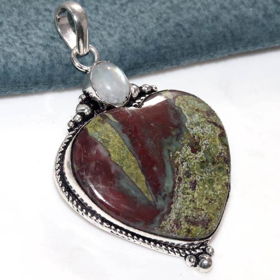 Long Heart Dragon Blood Jasper Rainbow Moonstone Pendant 2.2″ Fashion Sale GW