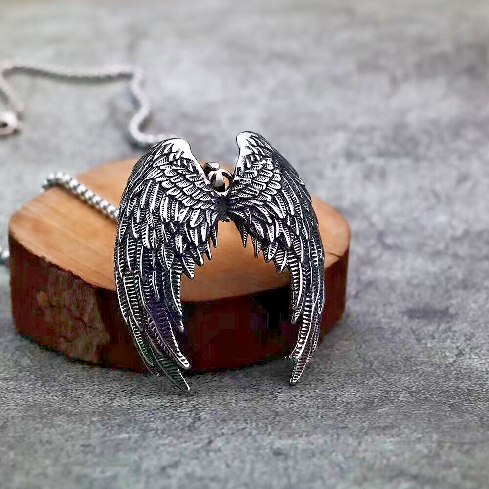 Mens Vintage Silver Guardian Angel Wings Pendant Necklace Stainless Steel Chain