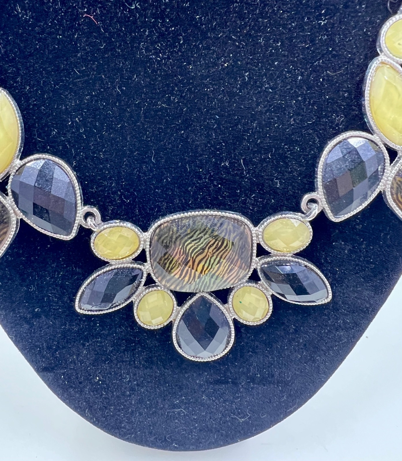 Statement Bib Necklace – Black, Gold & Animal Print Geometric Stones 16″-18″