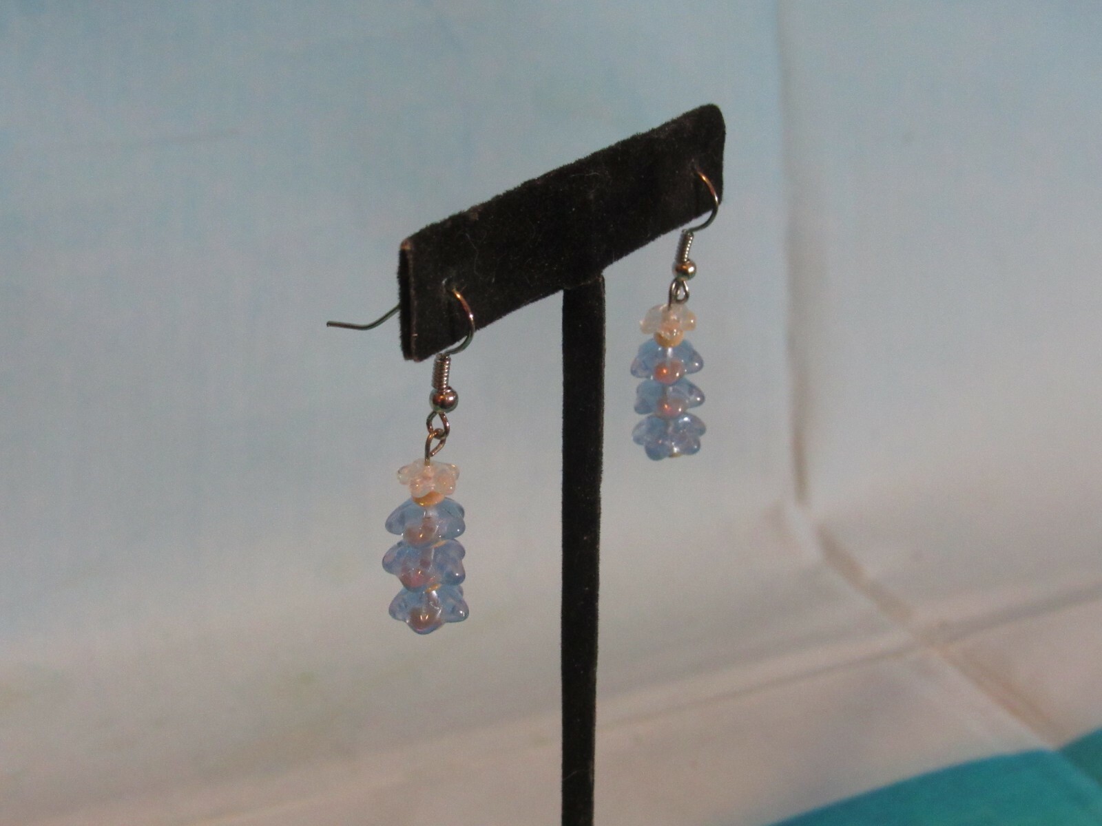 Silver Hook Earrings with Dangling Blue Beads and White Beads