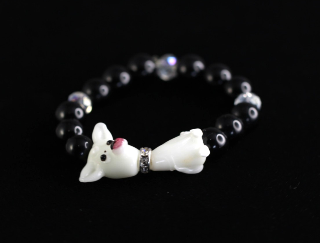 Dog Bracelet White Lampwork 6 inch Elastic Glass Beads Black Onyx and Crystal
