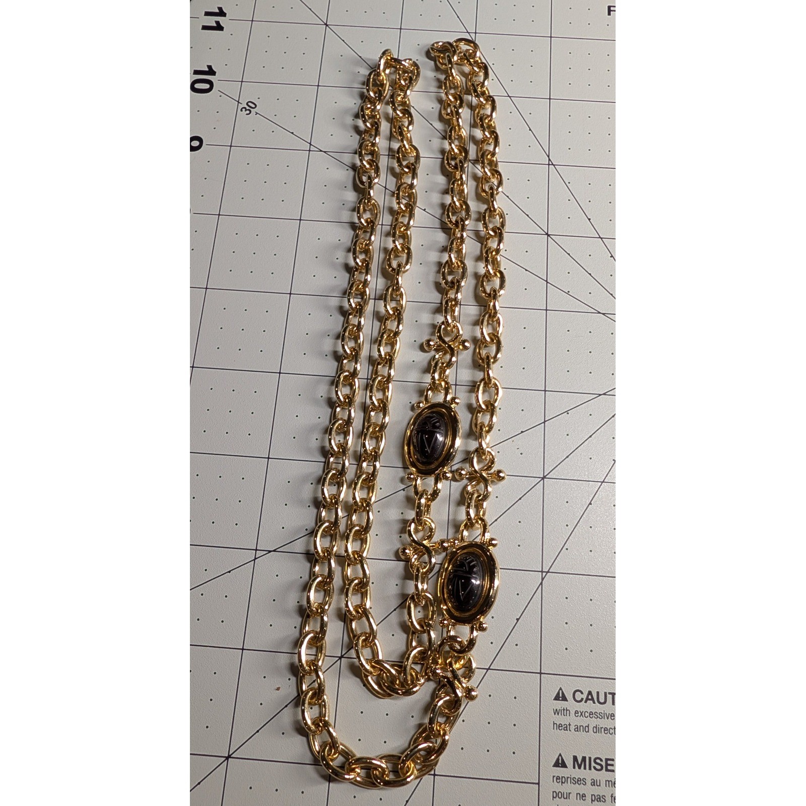 Vintage Gold Tone Reversible Scarab Beetle Long Chain Necklace Blue Red 34 Inch
