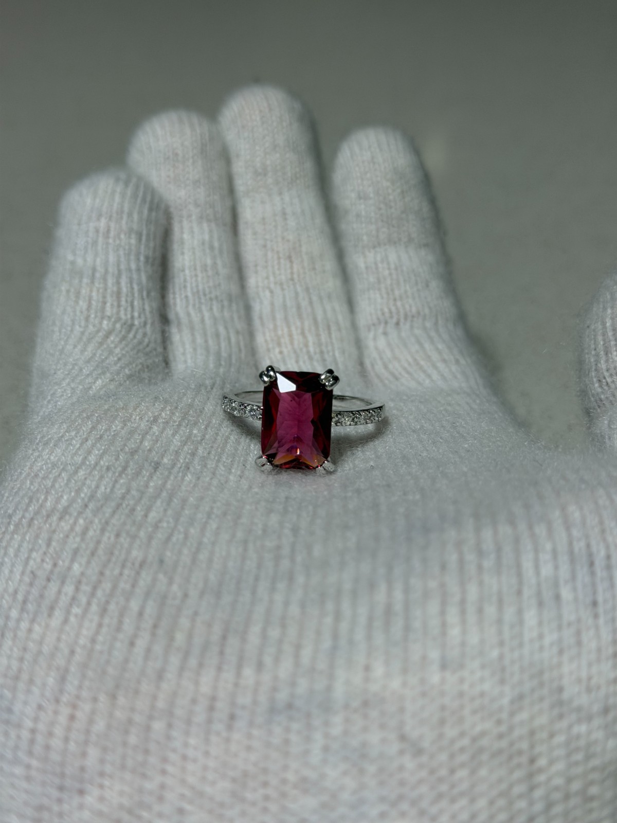 Emerald Shape Red Gemstone Ring With Side Stones Size 11