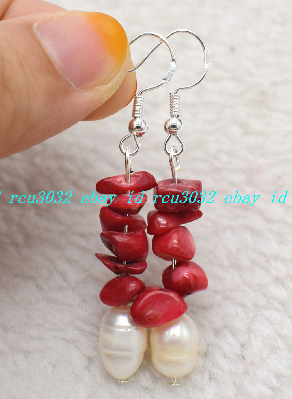 Natural 3 Rows Red Coral Gravel Gems White Pearl Necklace Bracelet Earring Set