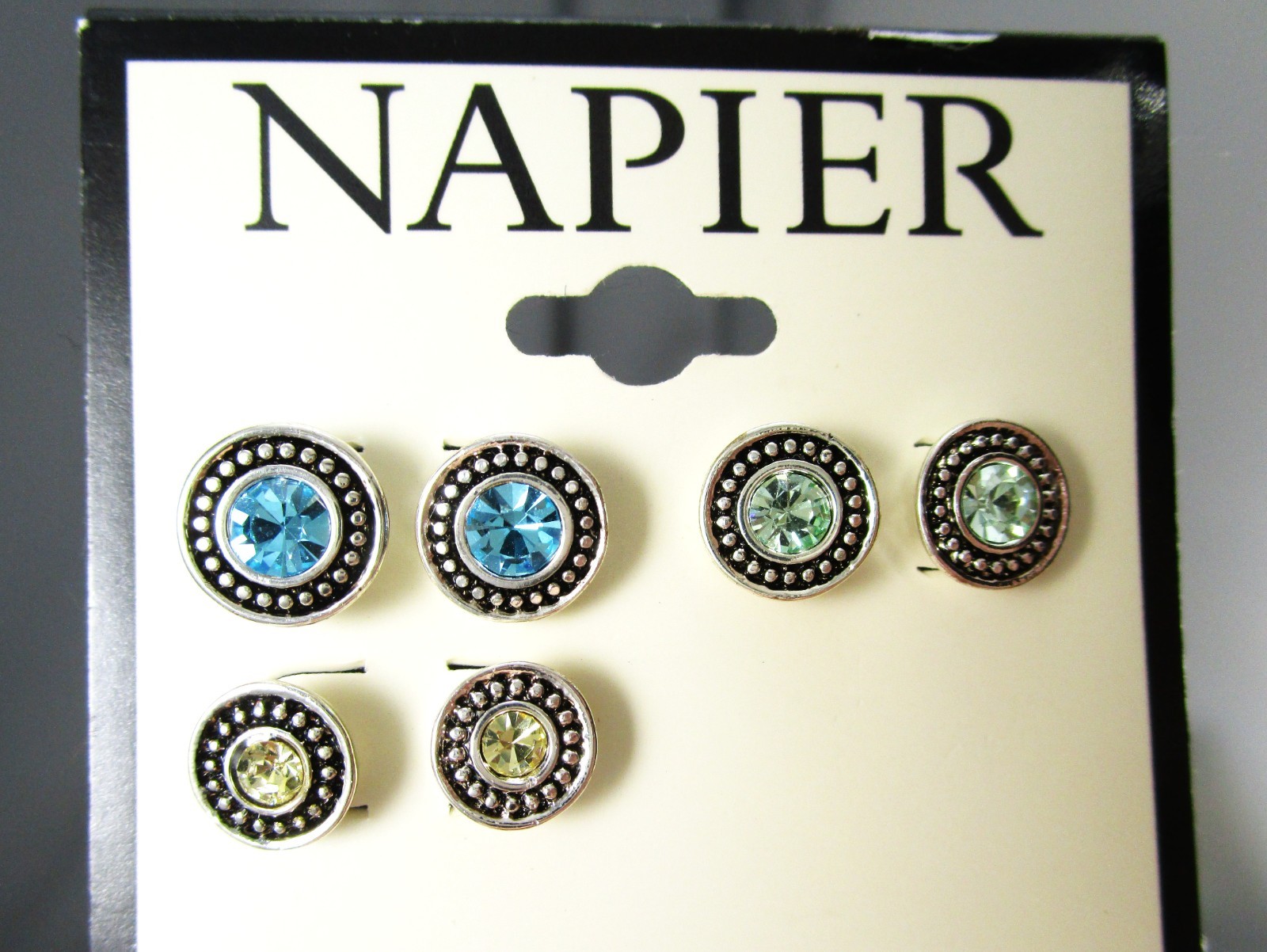New NAPIER Silver Tone Framed 3 Colored Glass Crystal Post Pierced Earrings 181P