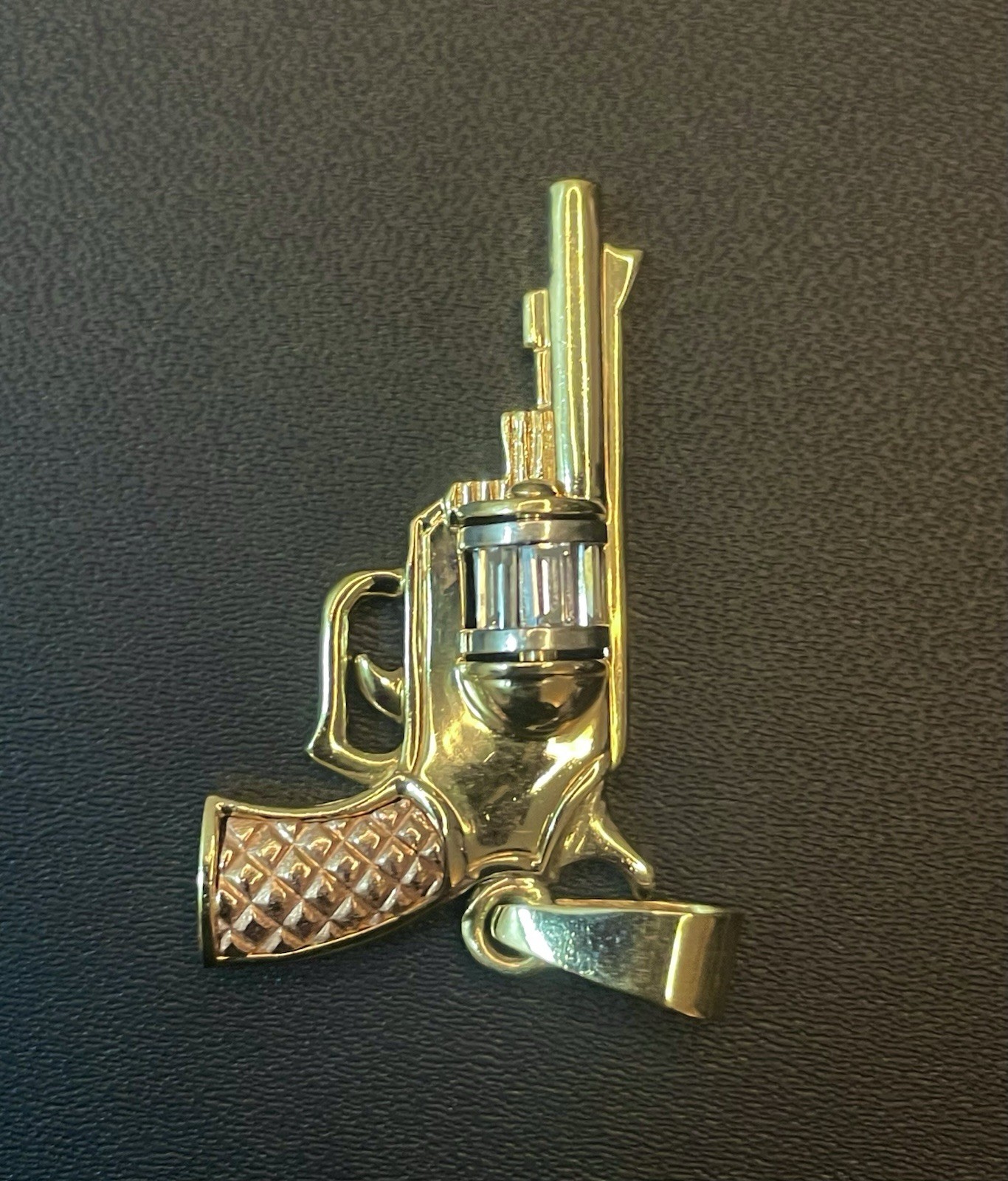 14K Gold 3 Tone Revolver Gun Pedant / Charm Yellow, White, Pink Gold Jewelry