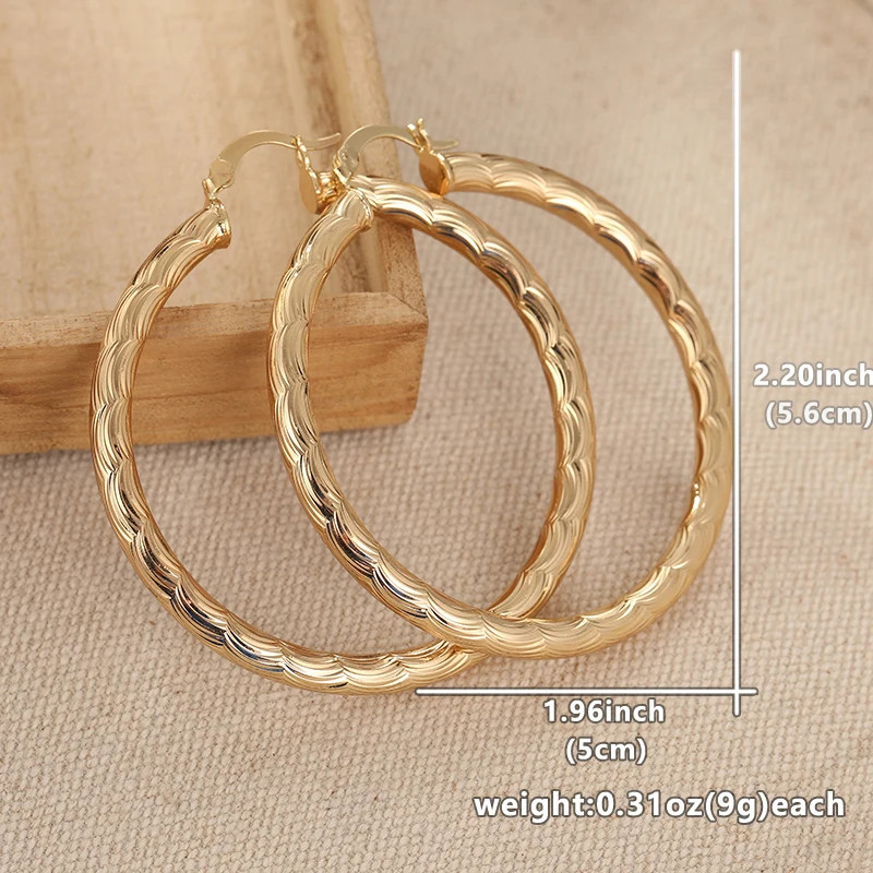 Vintage Concise Design Textured Golden Plated Circle Hoop Earrings for