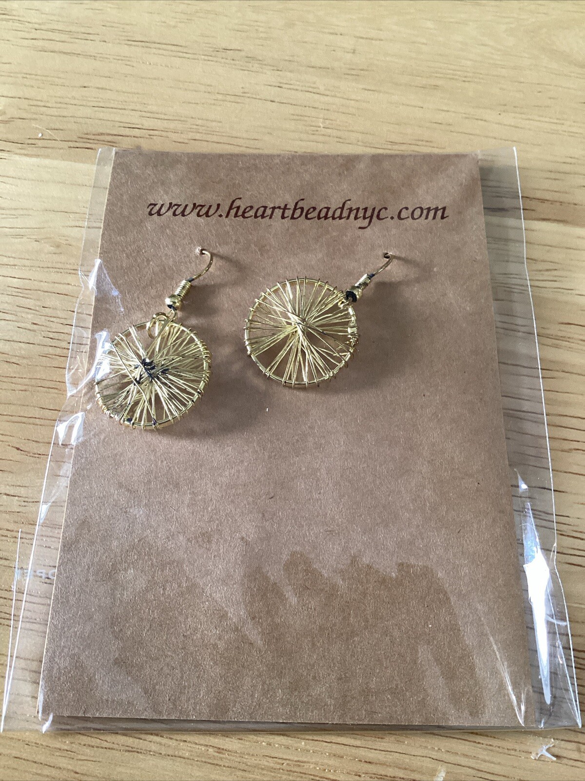 Gold Tone Wire Wrapped Wheel Round Disc Dangling Earrings, Great Gift Idea