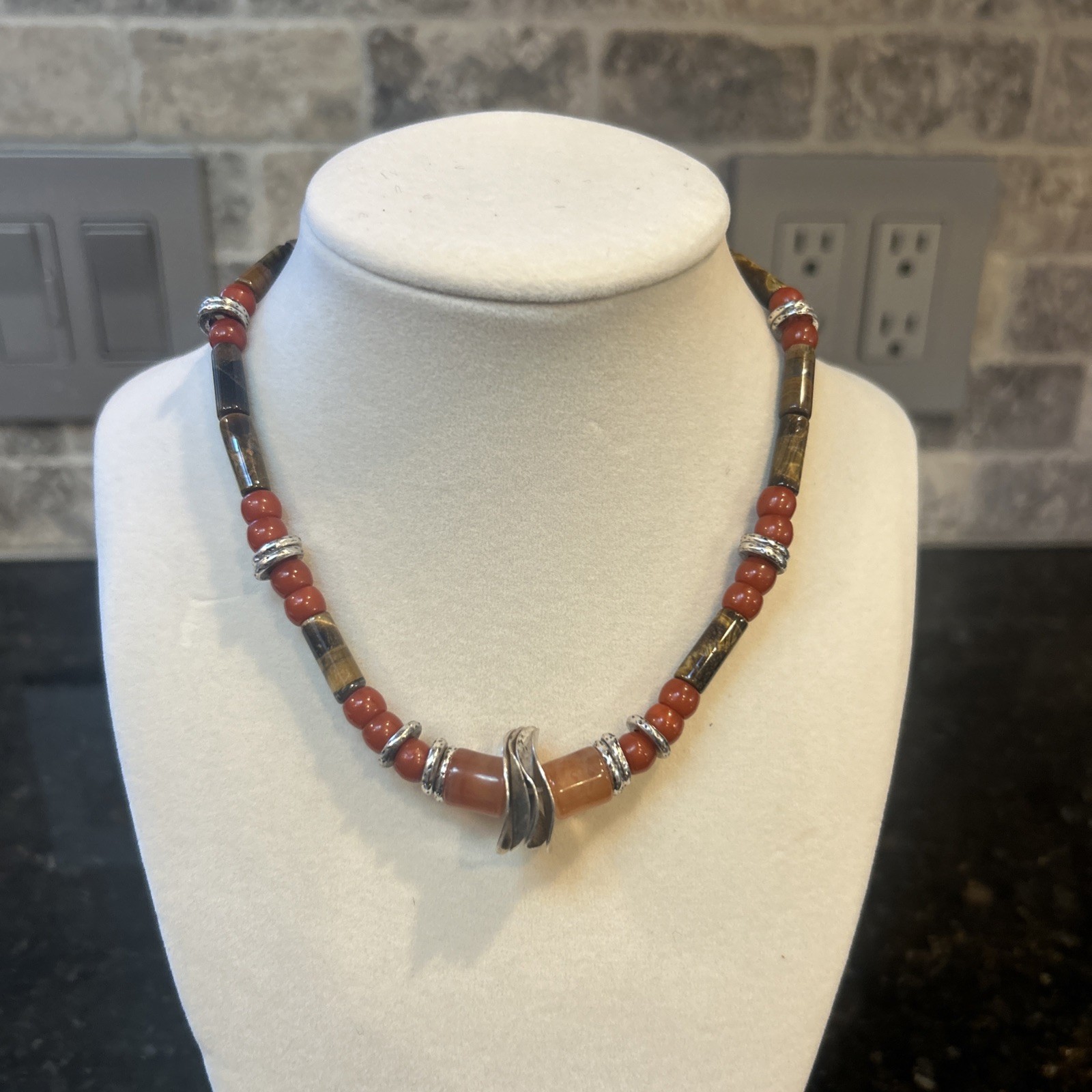 Free People Birdie Choker Red Beaded Necklace silver tigers eye $48