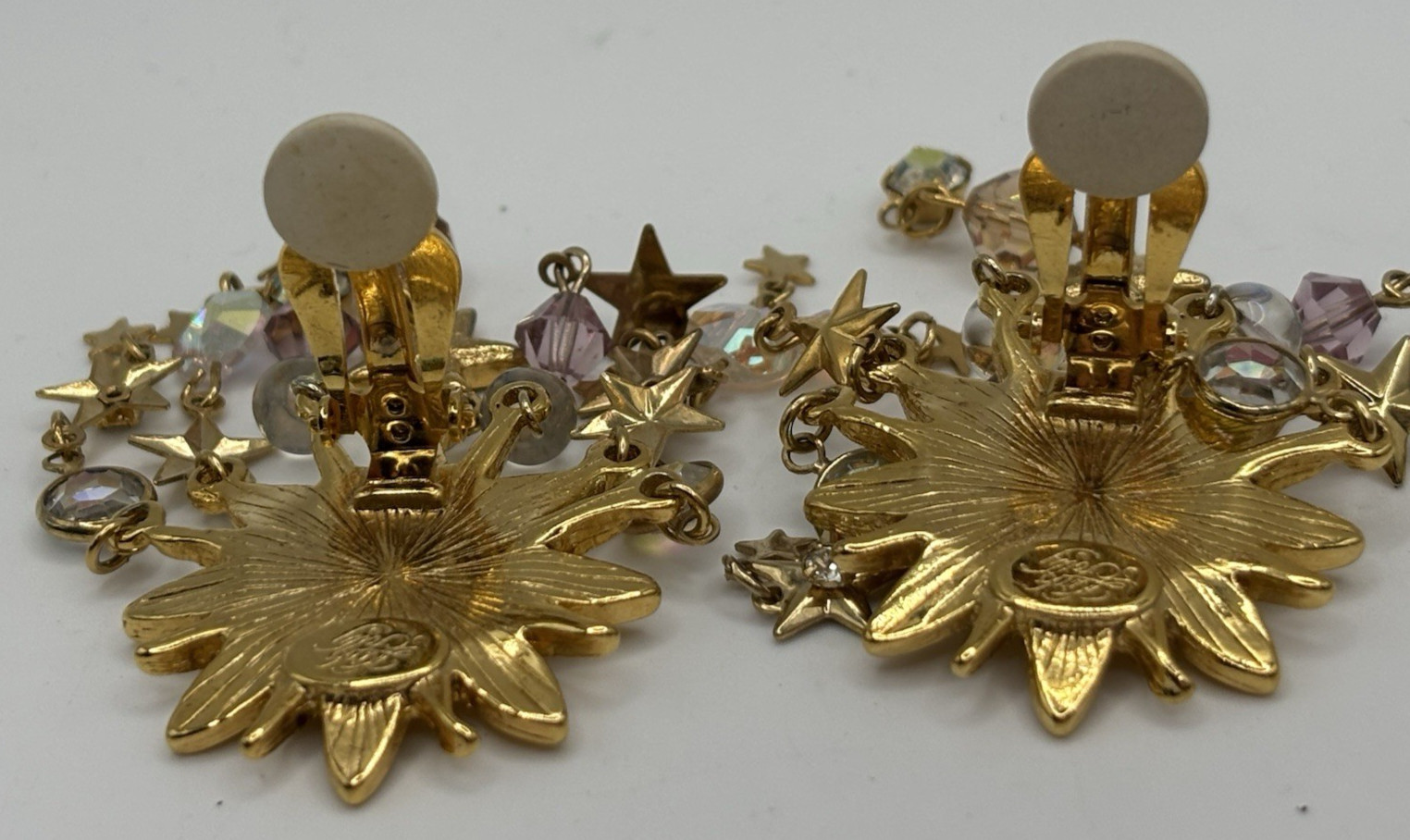 Kirks Folly Clip-On Celestial Sun Stars Vintage Dangle Gold Tone Earrings 3″