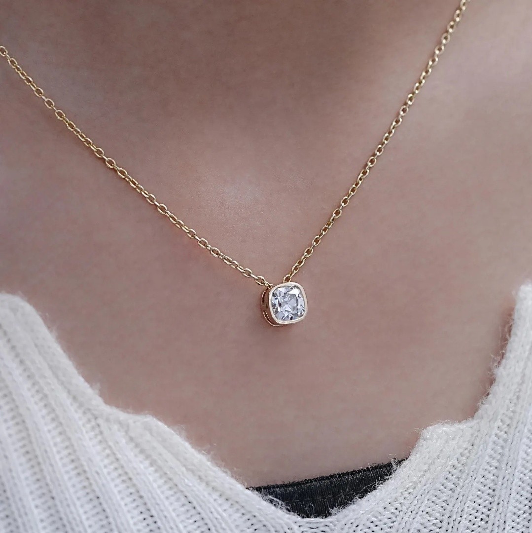 3.00 Ct Cushion EF VS Lab Grown Diamond Solitaire Bezel Necklace 14K Yellow Gold