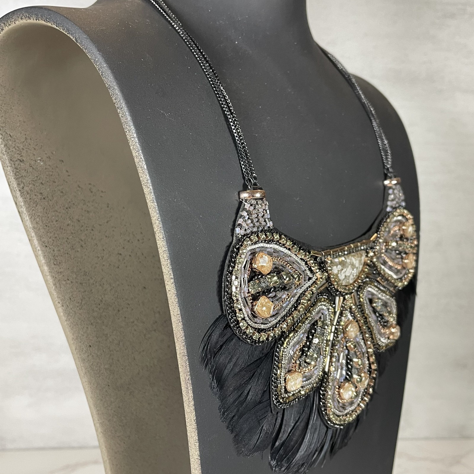 Stella & Dot Constantine Feather Bib Necklace Black Rose Gold Crystal Statement
