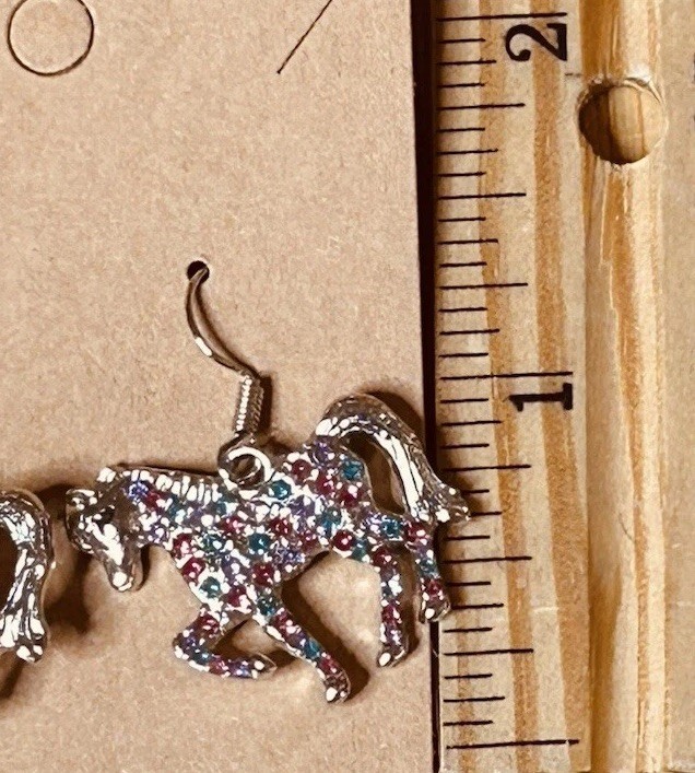 Colorful Pave Multicolor Crystal Running Horse Earrings Hook Dangle 1.25”