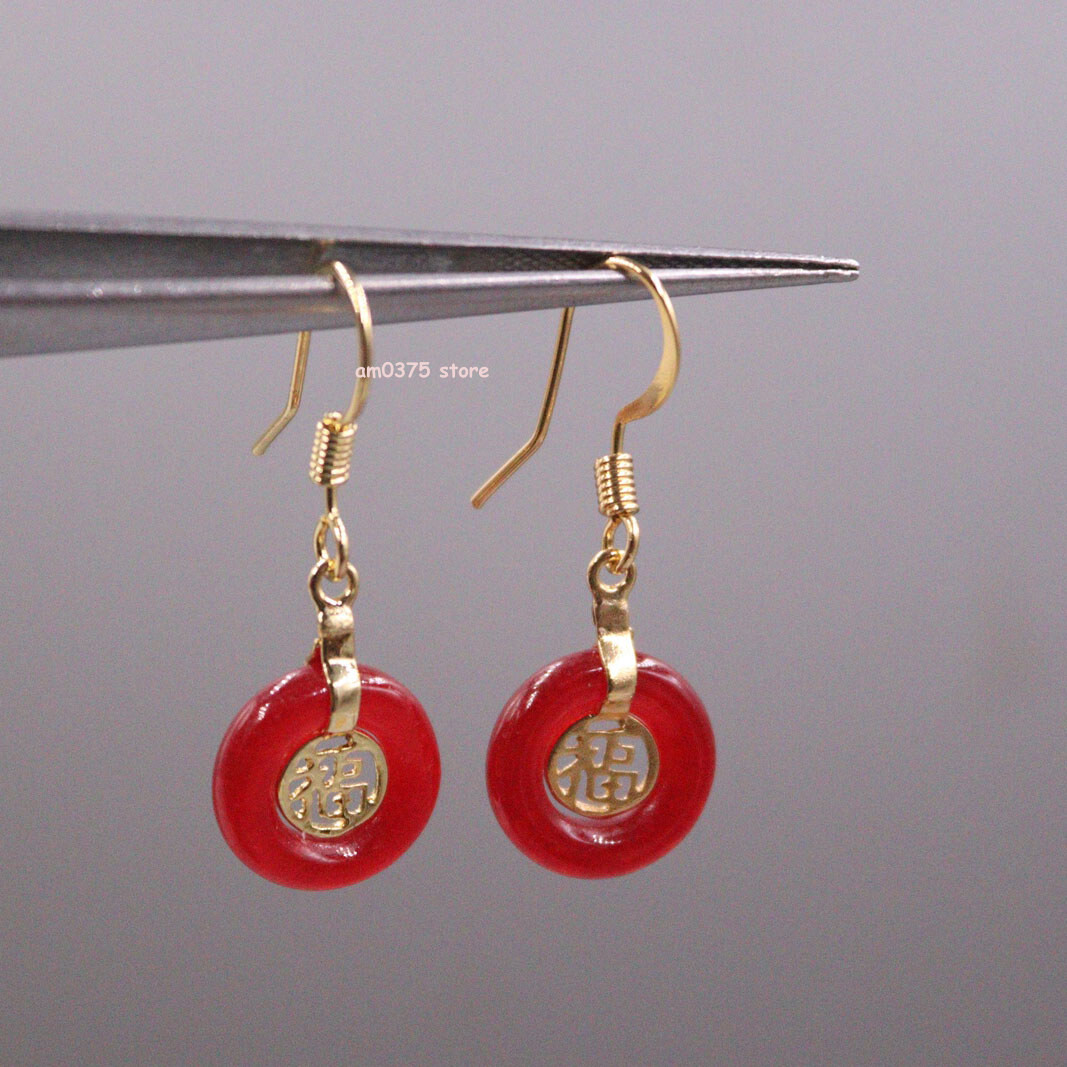 Gold Plated Alloy Handmade Red Jade Round Fu Earrings Dangle Hook