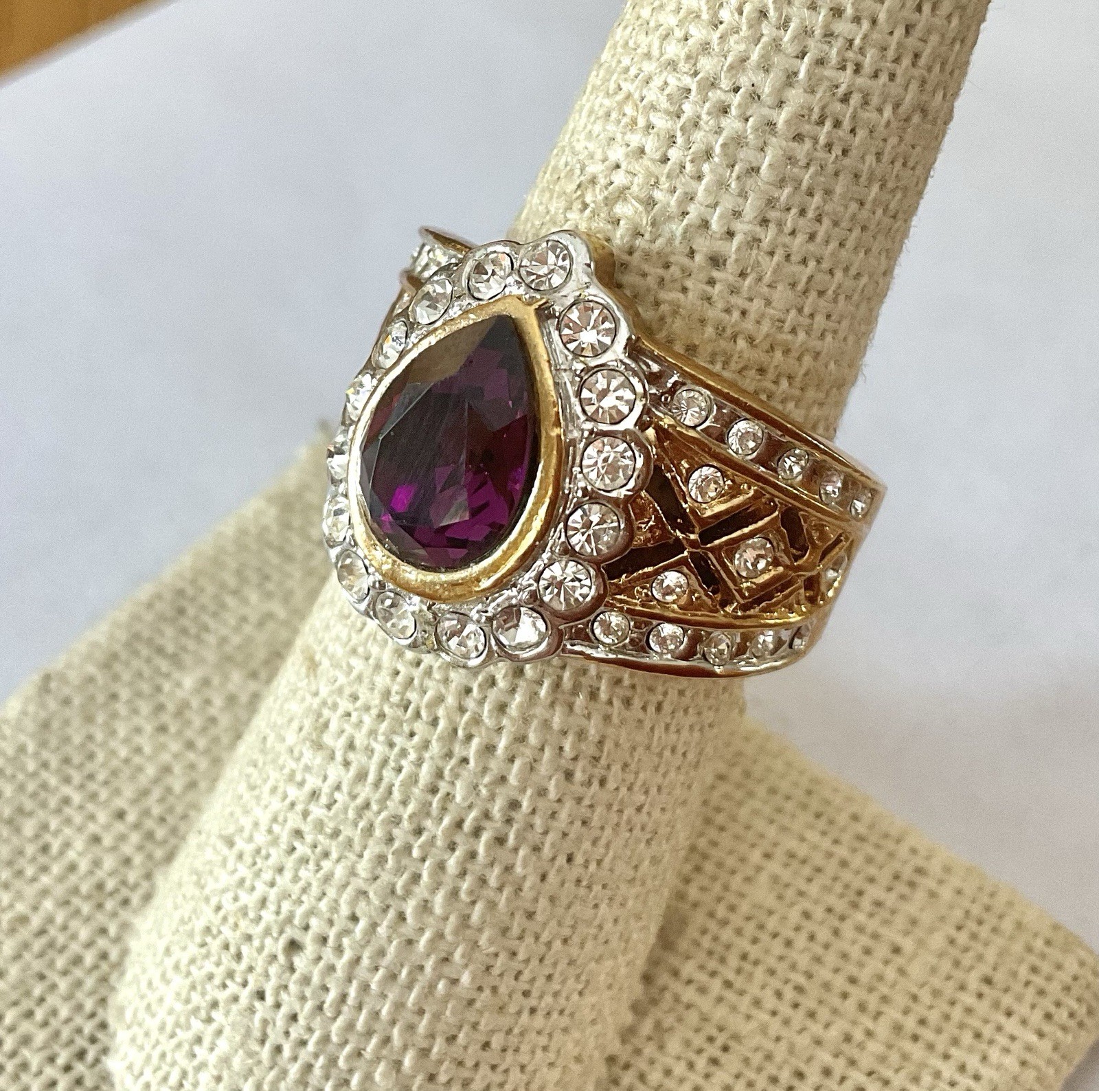 Empress Style Wide Band 18KGP Gold Plated Amethyst Ring Sz 7
