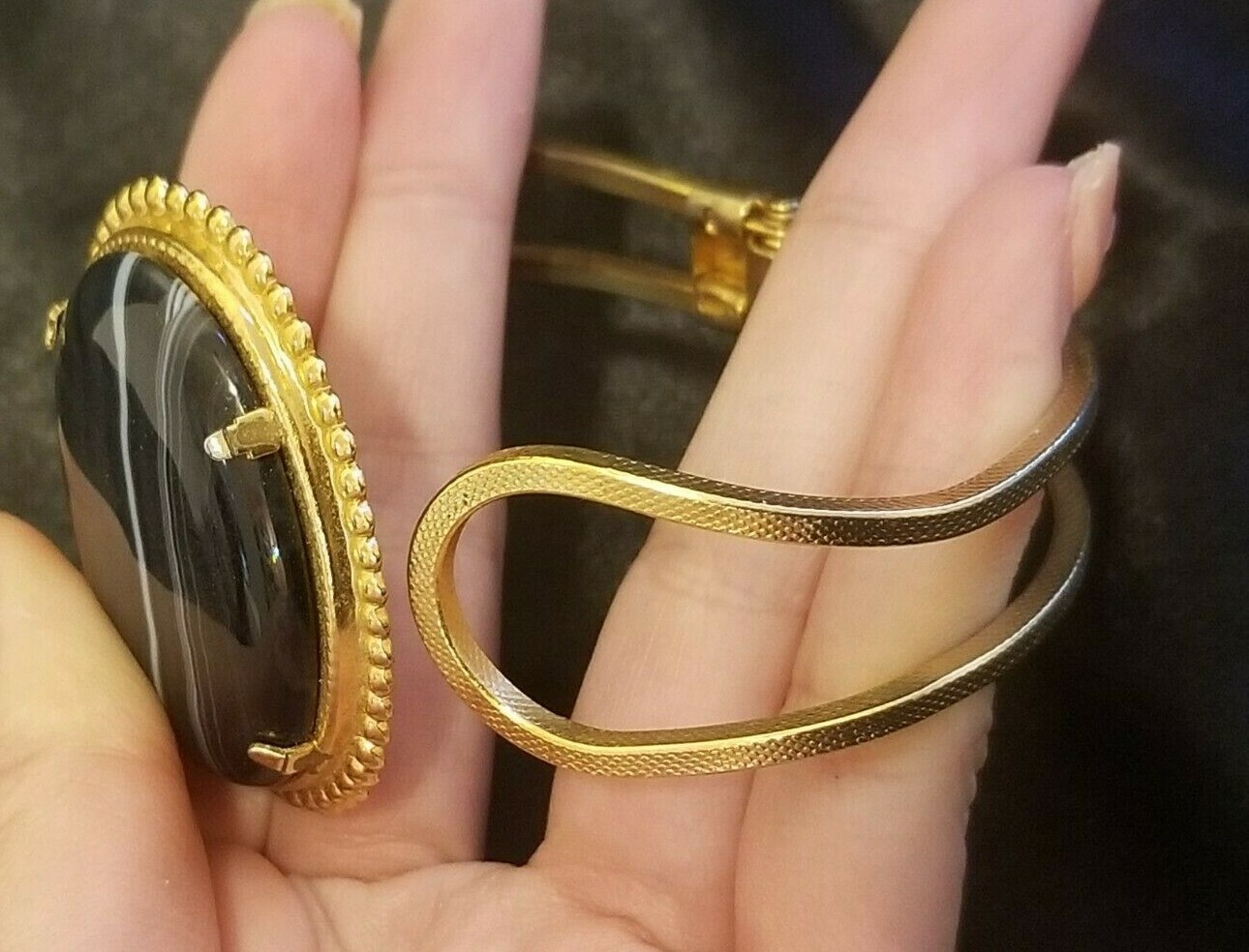 FUN BIG CHUNKY Cuff Bracelet w/ either Black OR Orangish Brown Stone