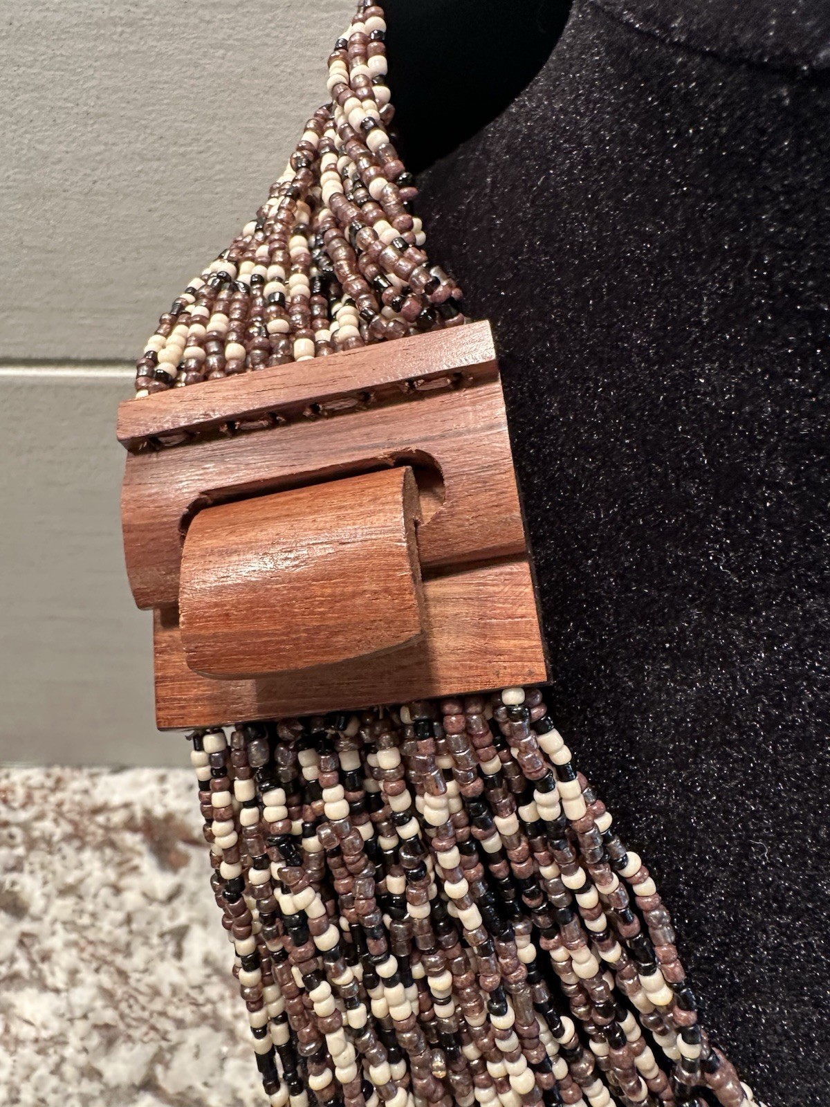Tanya Creations Brown/Ivory Multi-Strand Beaded Necklace Wood Slide Clasp