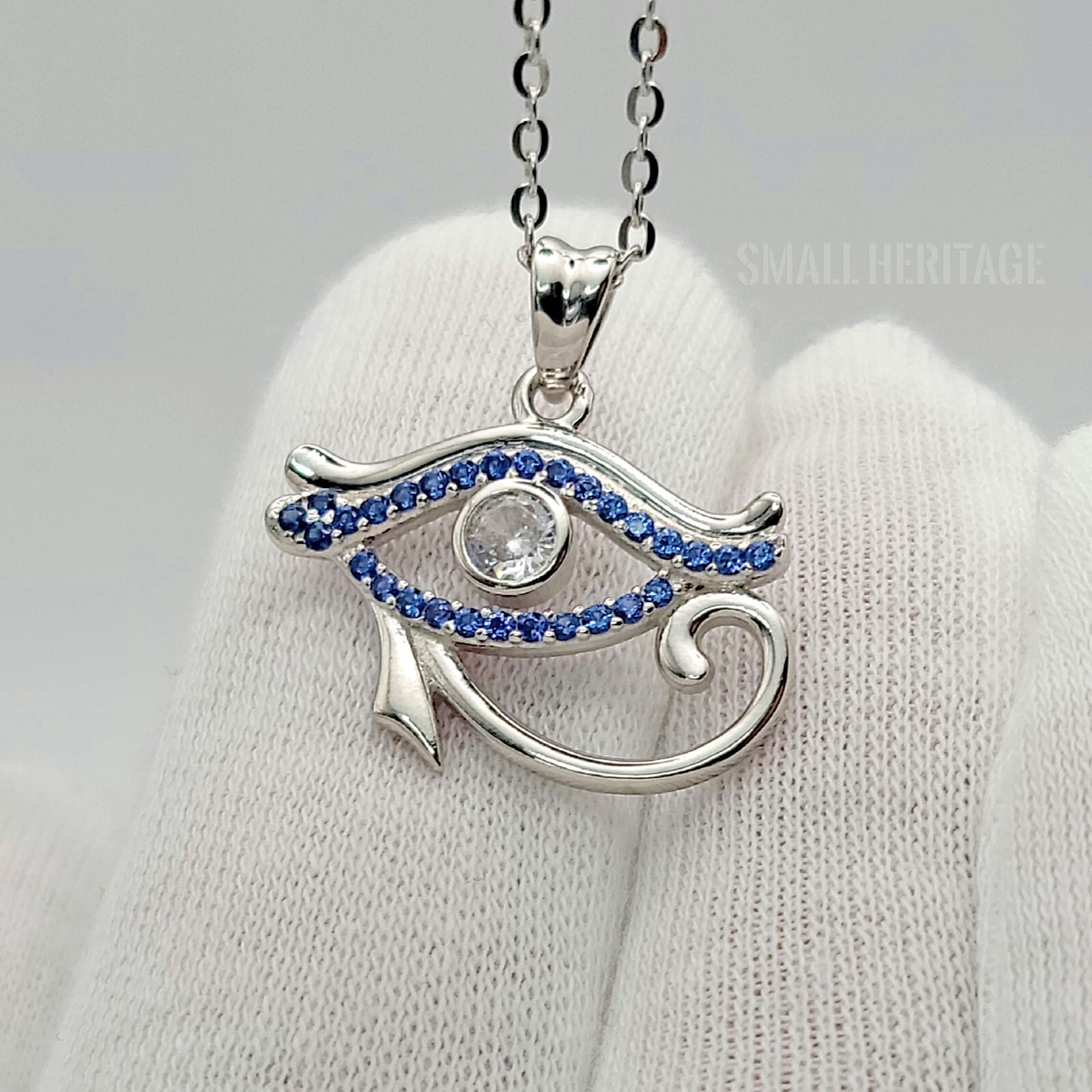 925 Sterling Silver Necklace Ancient Egypt Eye Of Horus pendant Blue crystals