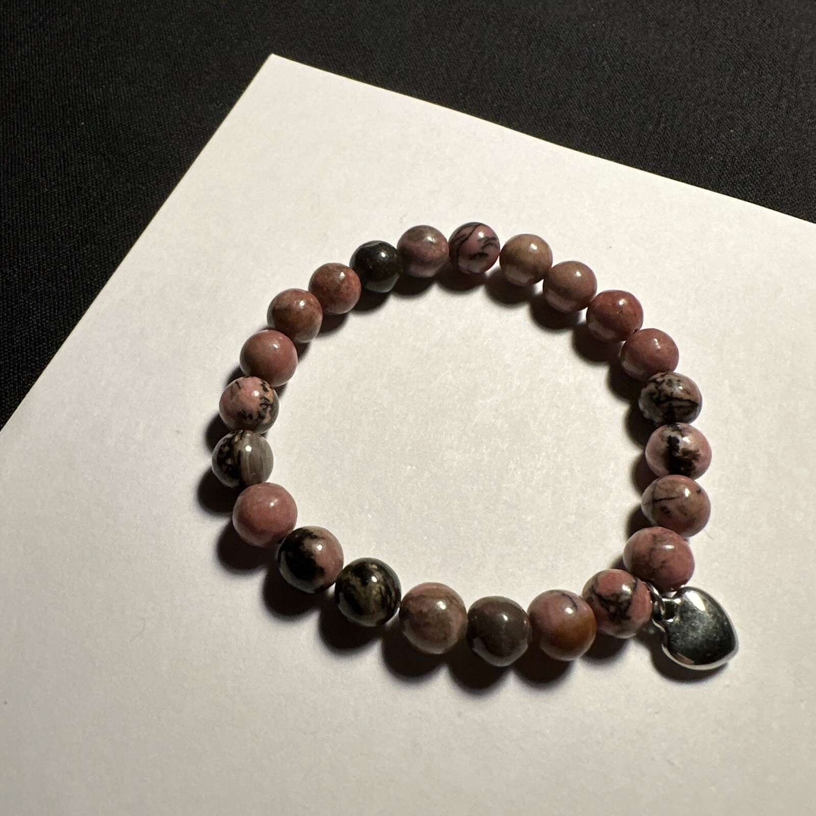 Beaded Semi Precious Gem Stone Stretchy Bracelet 6 3/8 Inch Heart Charm