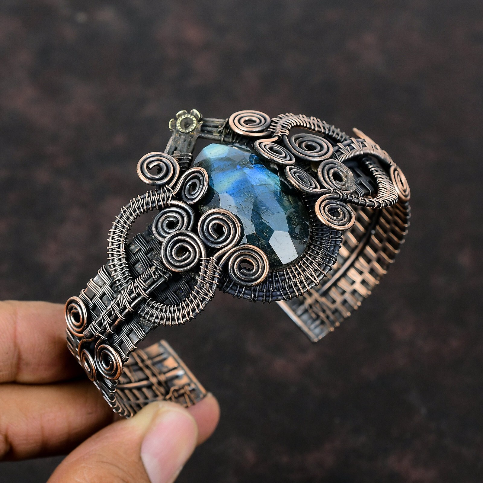Labradorite Gemstone Jewelry Copper Gift For Mum Wire Wrapped Adjustable Cuff