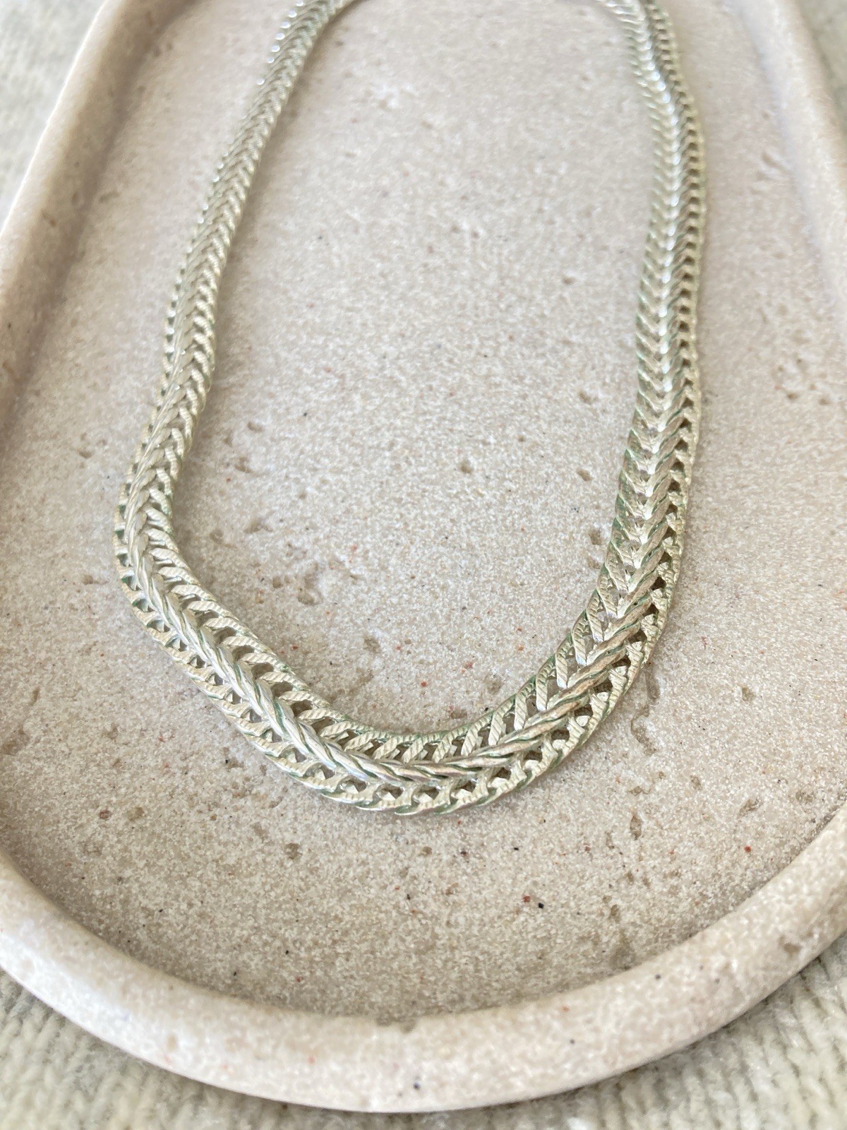 Silver Tone Herringbone Chain Necklace Flat Braided Chevron Collar Modernist