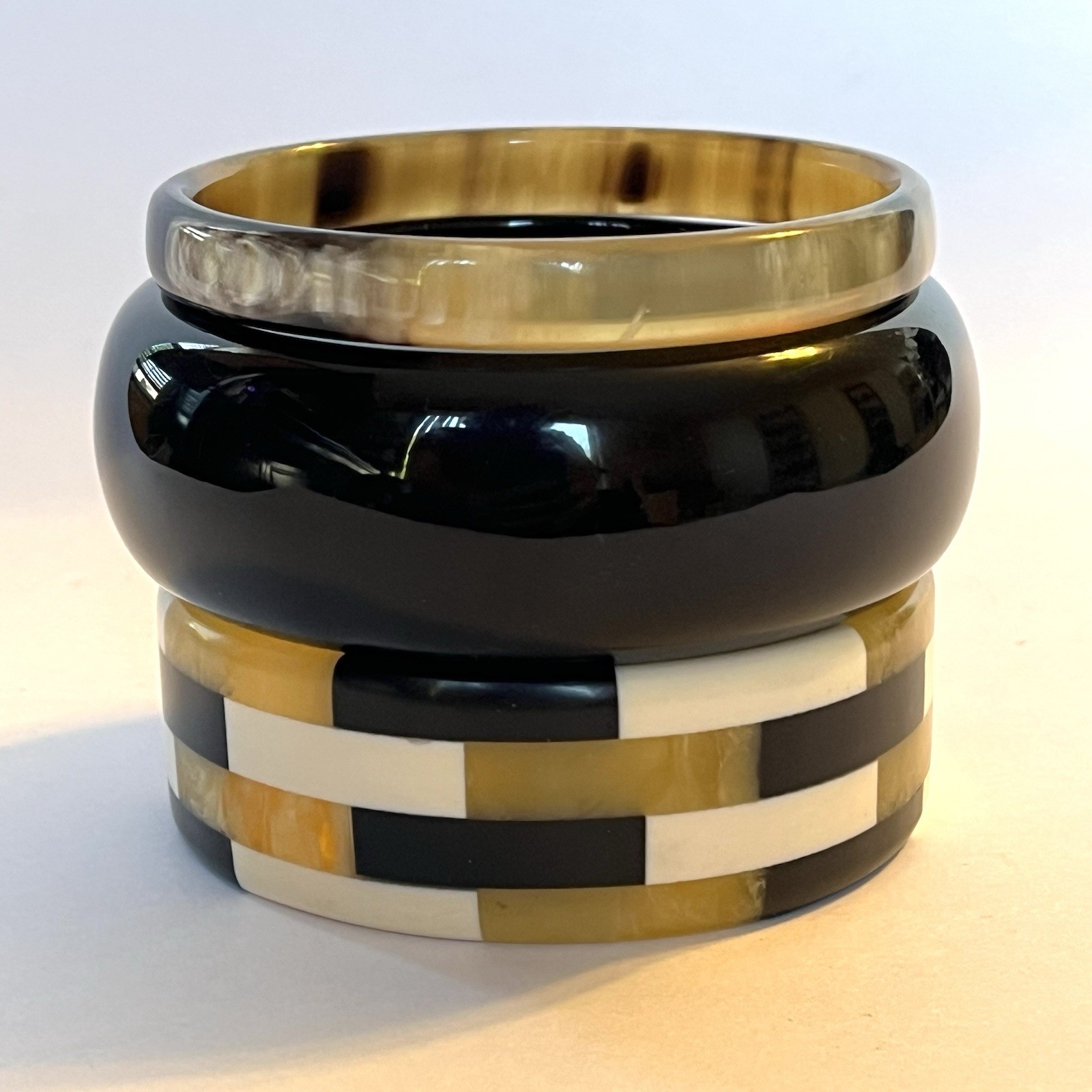 3 Resin Acrylic Bangles Laminated Inlay Black Domed Slim Marbled Retro Mod Stack