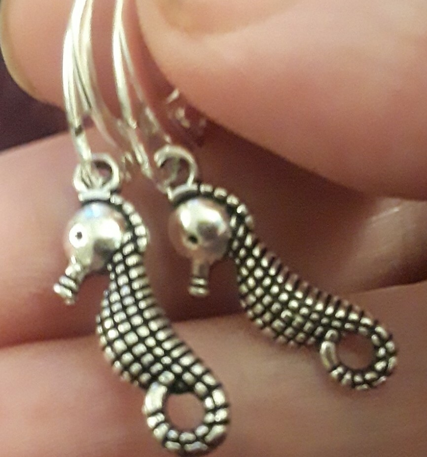 925 Sterling Silver Filled Seahorse Sea Horse Beach Fish Charm Lever 2D Earrings