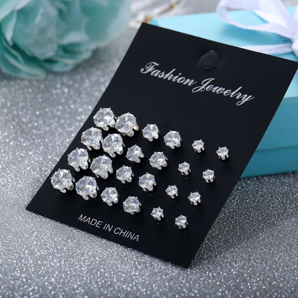 12 Pairs Round Six Prong Zircon Stud Earrings Silver Alloy for Work Events