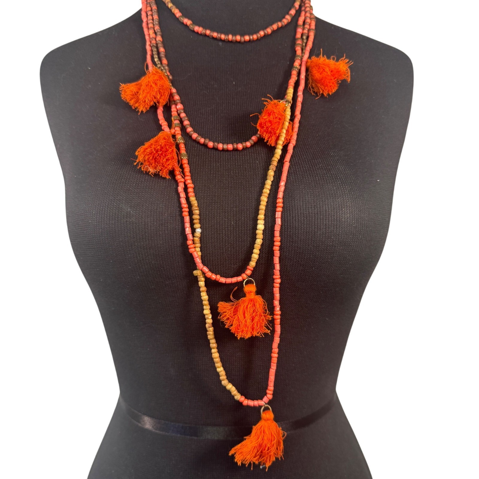 Beaded Tassel Layered Necklace Adjustable Boho Jewelry Orange Brown 16-36 Inches