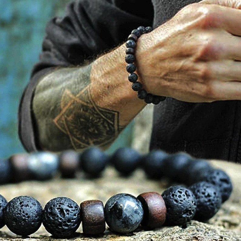 1pc Volcanic Lava Stone Bracelet: Buddha Beads Wooden Energy Wrist Chain – NEW