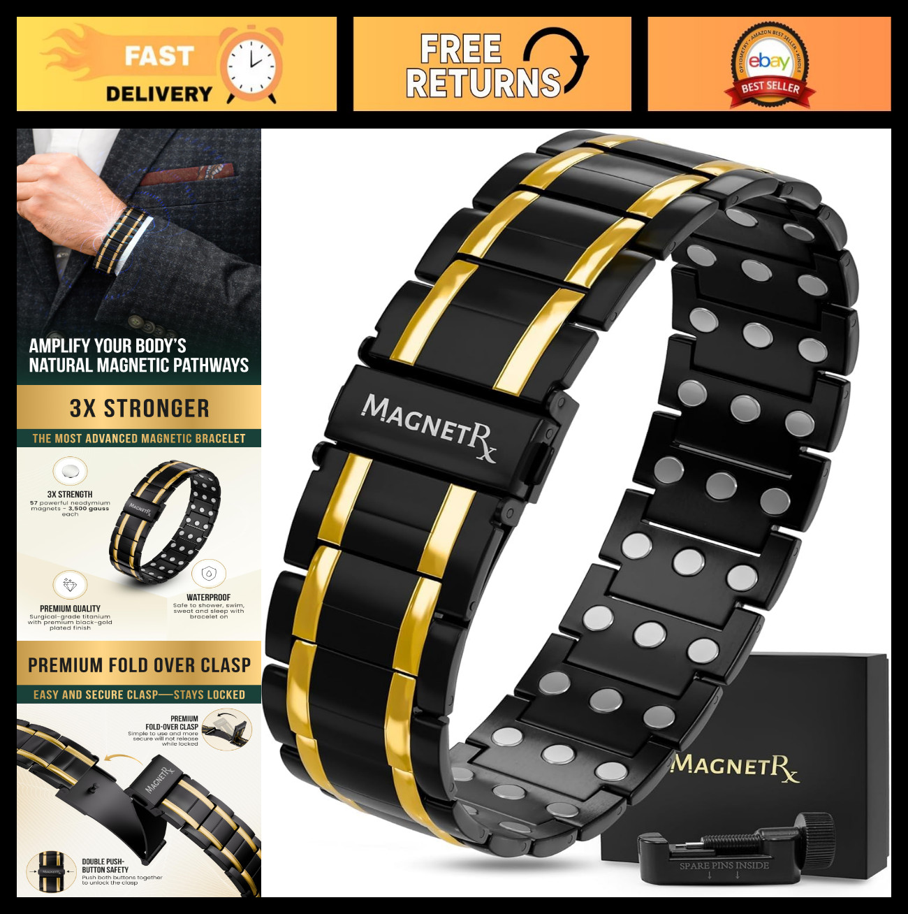 3X Strength Titanium Magnetic Bracelet for Men – Adjustable Length, Fold-Over Cl