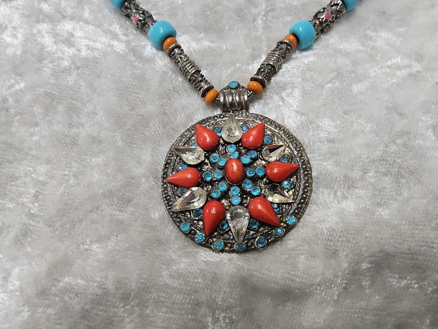 Silver Snake Chain Turquoise Blue Orange Glass Pendant Necklace 18in