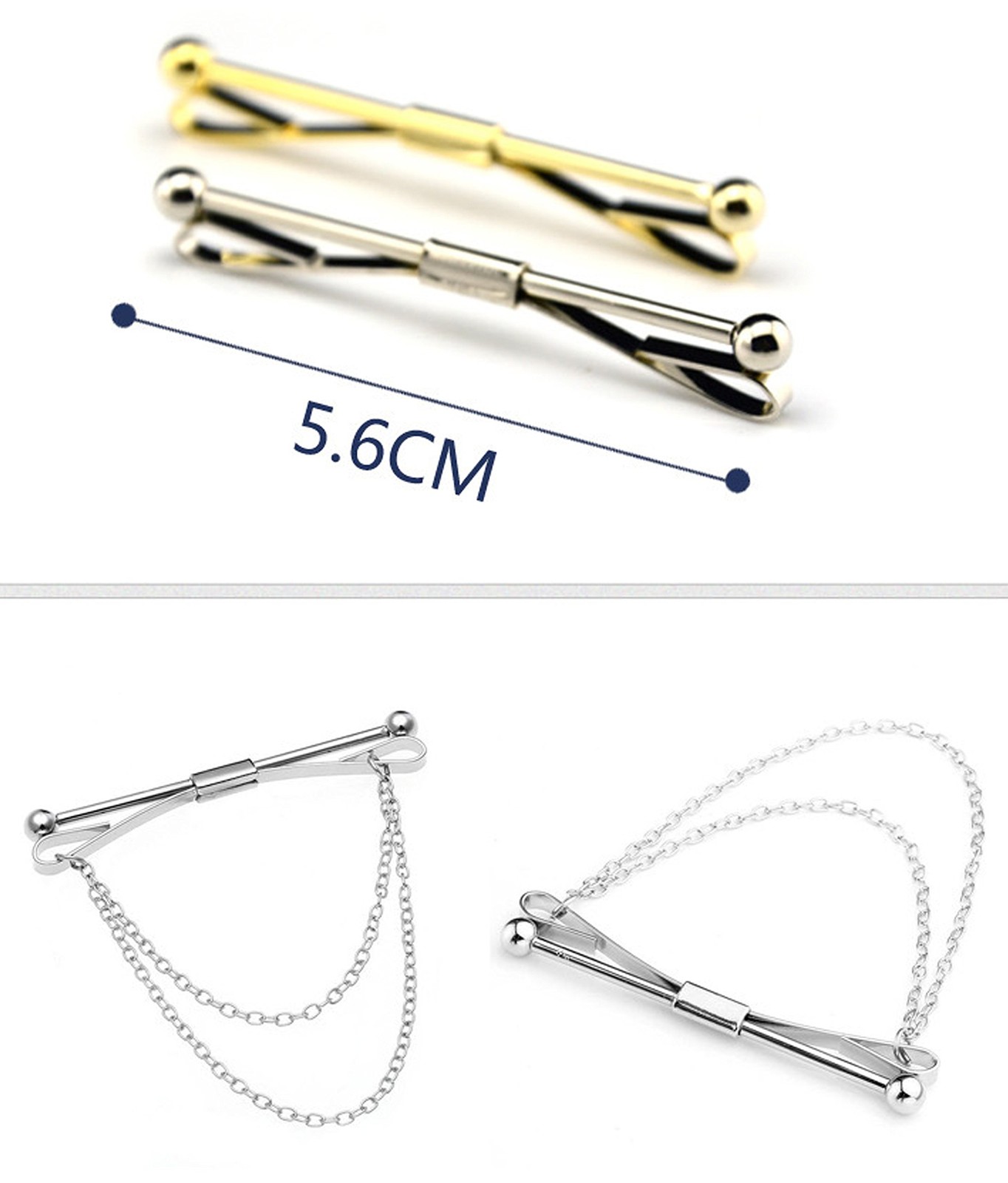 2PCS Tie Collar Bar Pin Set for Men – Classic Collar Clip with Hang Chain
