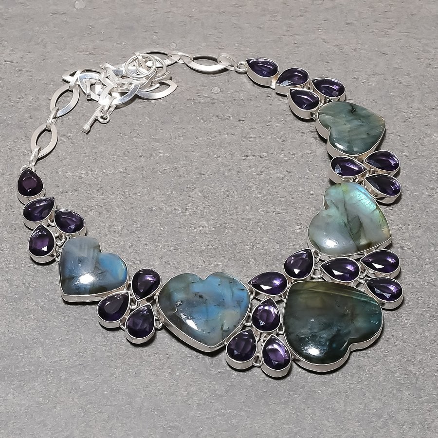 Blue Fire Labradorite Amethyst Gemstone Jewelry Handmade Necklace 18″ SR 4043