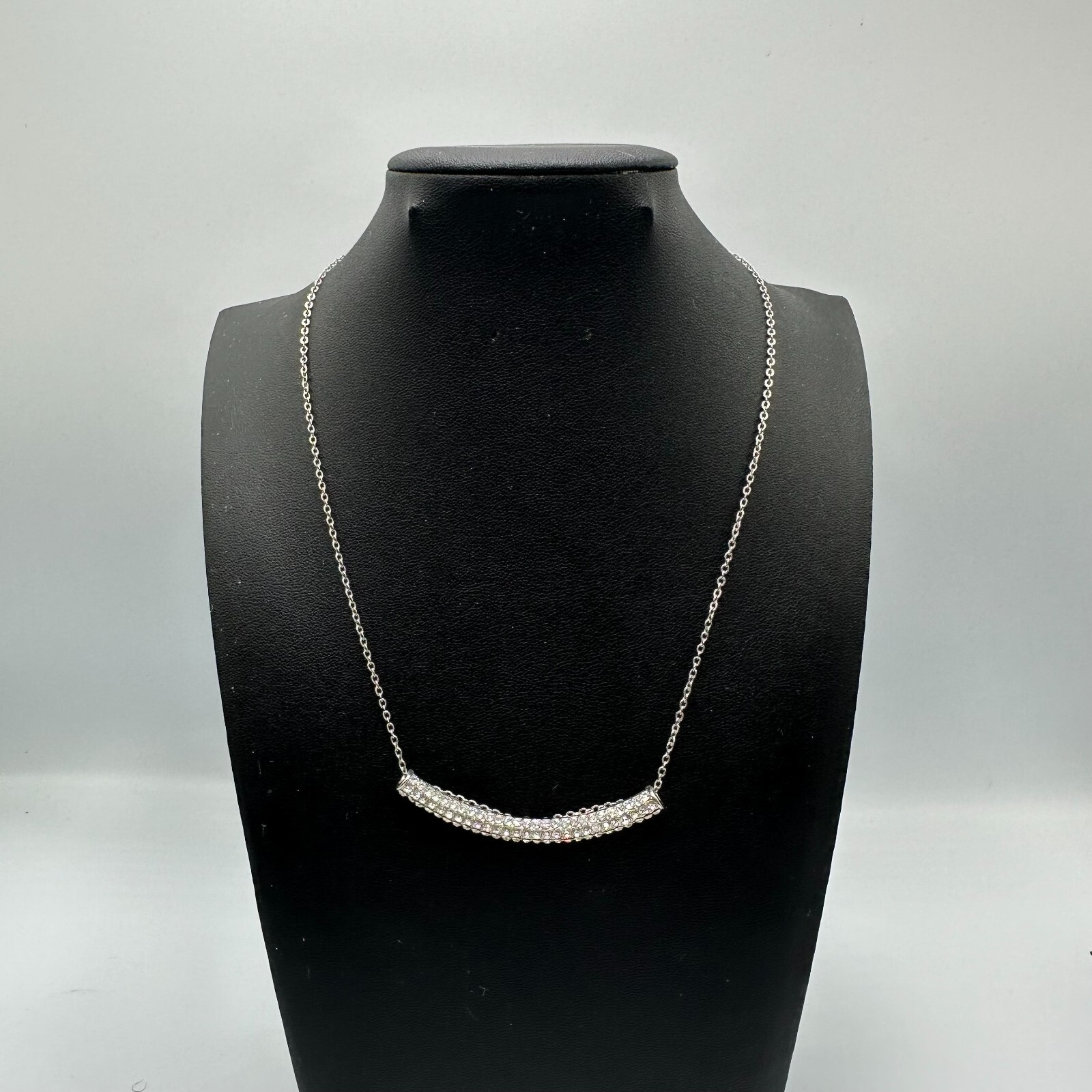 Rhinestone Bar Necklace Women Silver Tone Dainty Thin Chain Lightweight 14 Inch