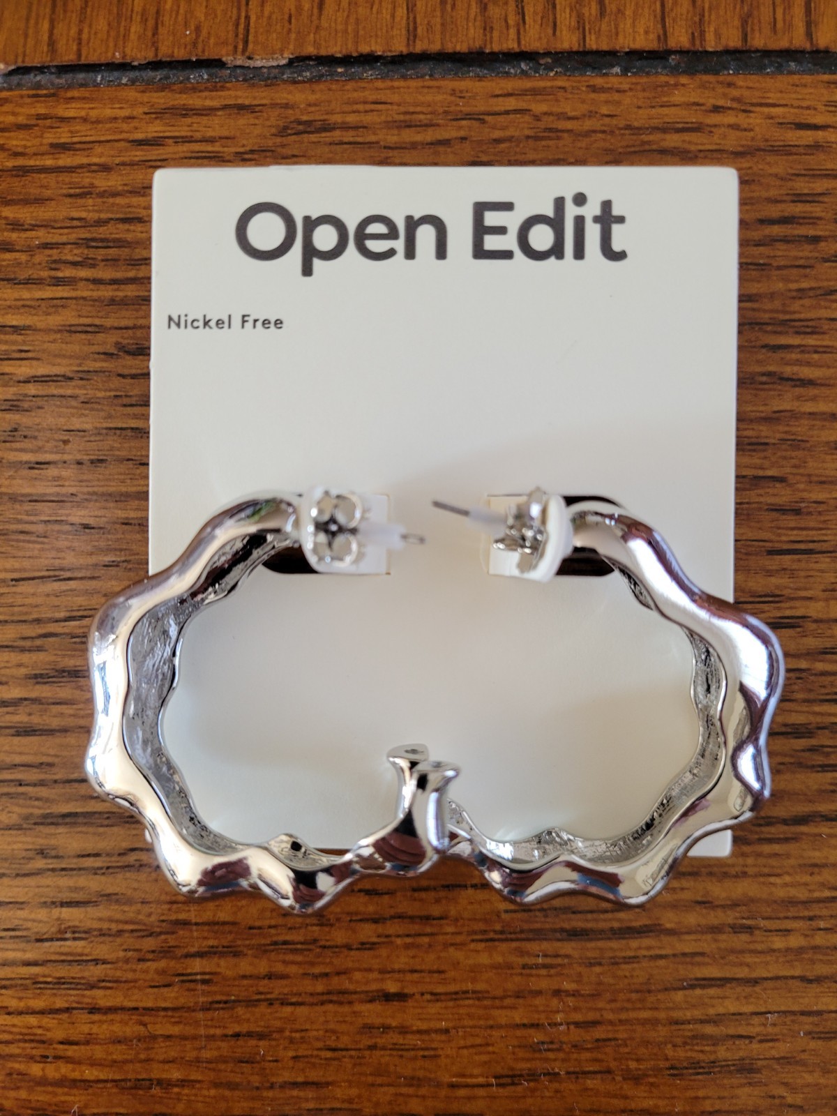 Open Edit Rhodium Hoop Earrings-Silver Tone Nickel Free