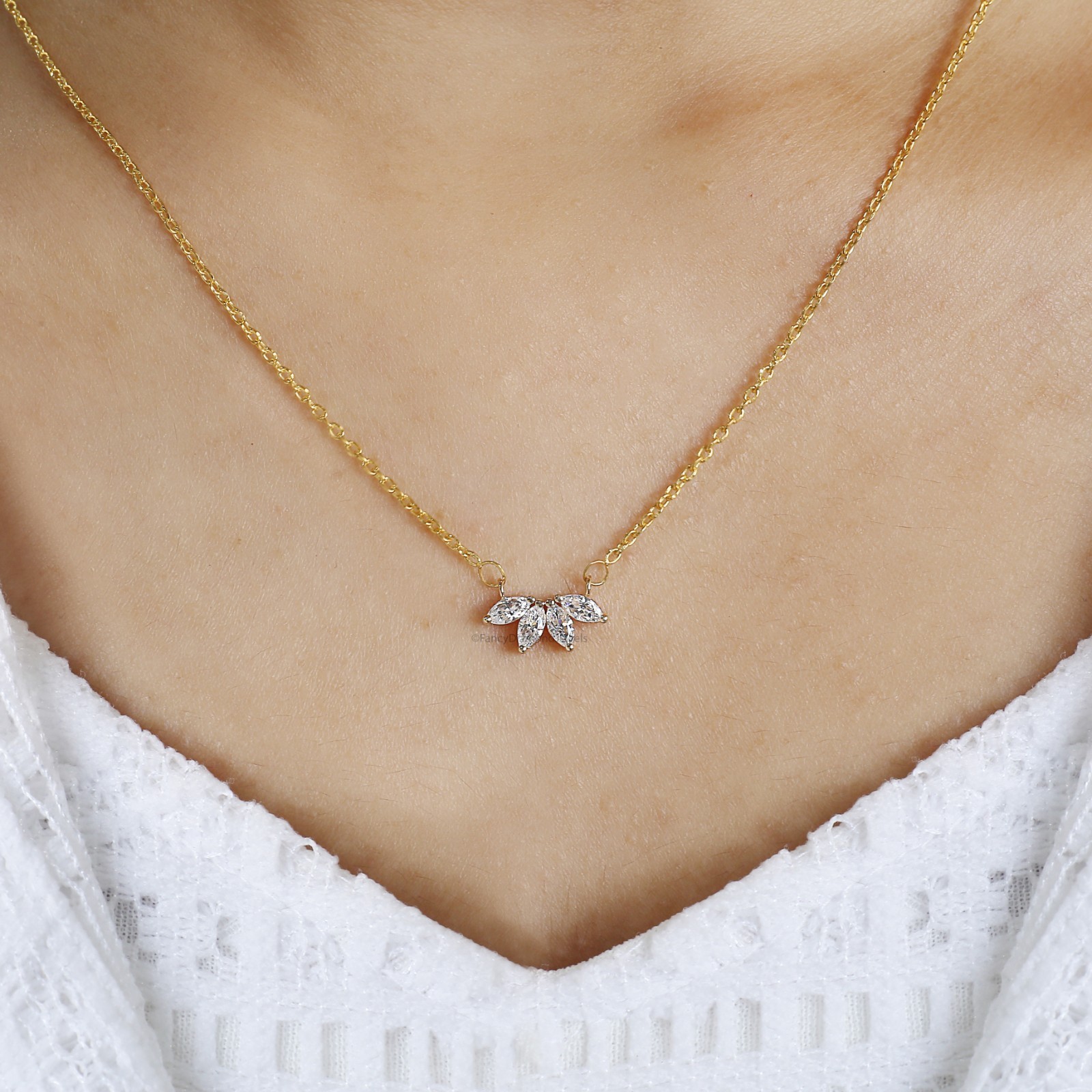 Marquise Cut CZ Diamond Flower Necklace Yellow Silver handmade jewelry Necklace