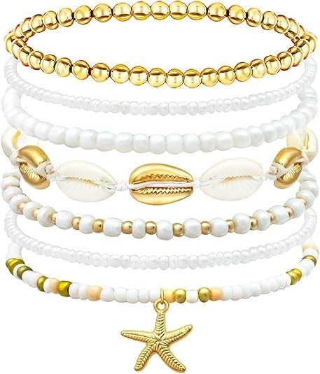 Boho Shell & Starfish Beach Bracelets Set for Women, Handmade Stretch Jewelry