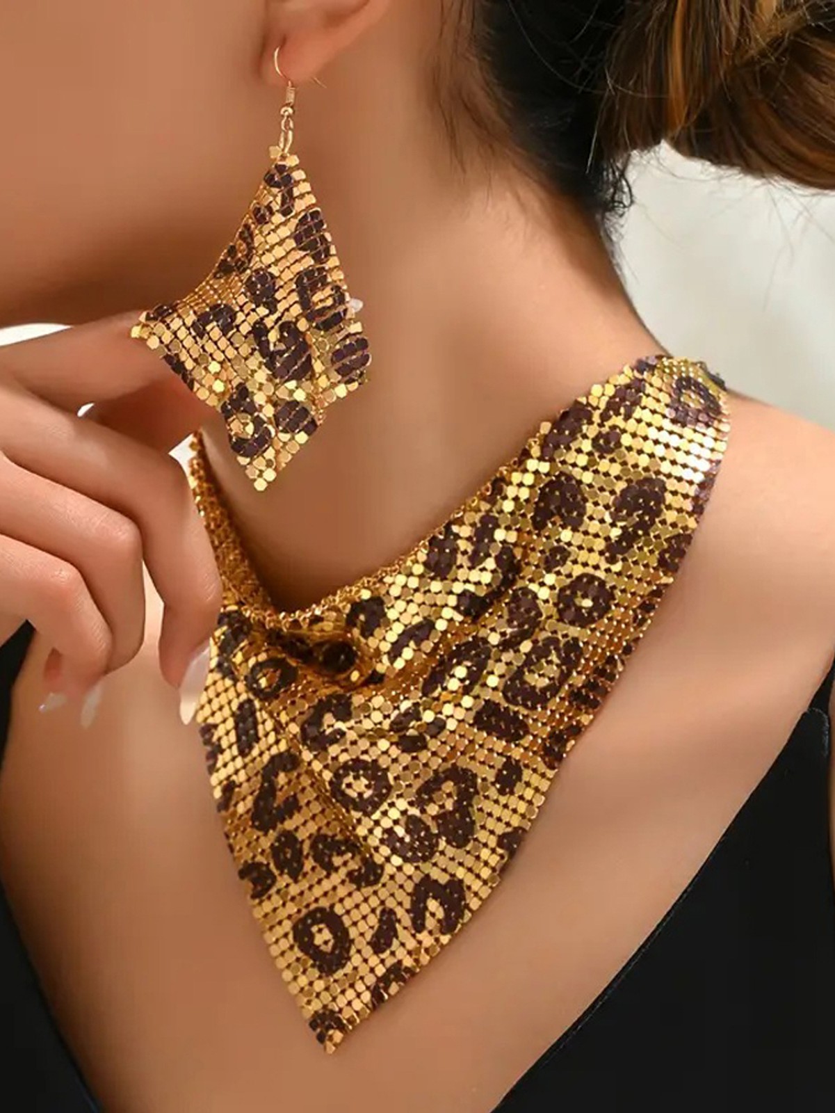 Punk Leopard Metal Mesh Choker Necklace Earrings Set Chunky Statement Jewelry