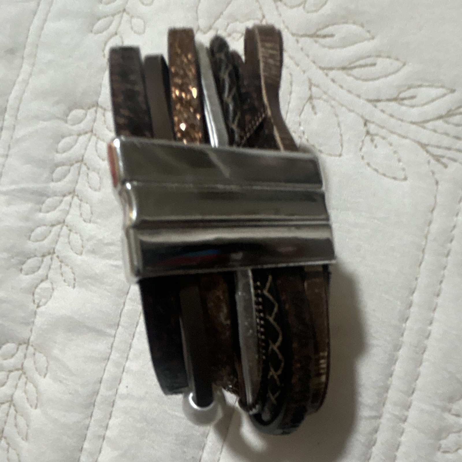 Brown Faux Leather Multi-Strand Wrap Cuff Bracelet Snake Chain Magnetic Closure